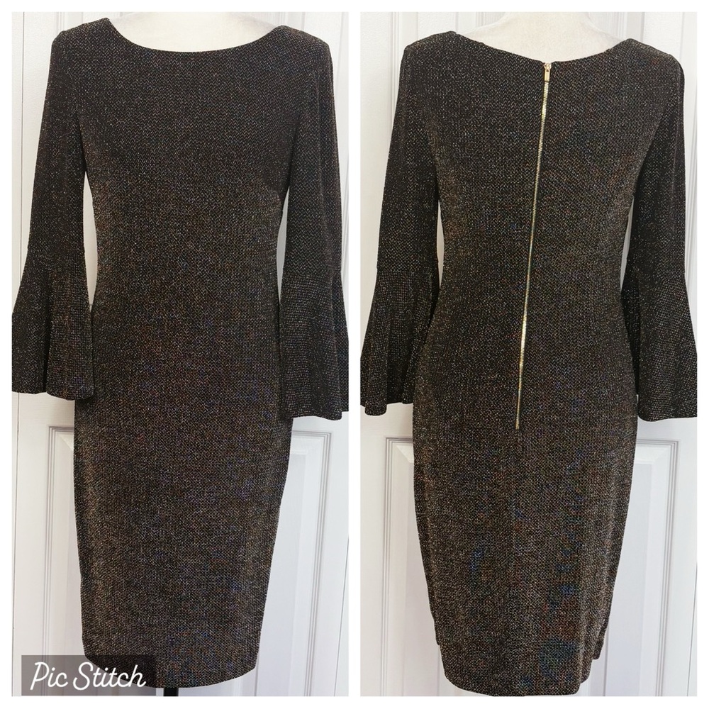 Calvin Klein Black Shimmery Metallic Print Bell Sleeve Sheath Dress 4